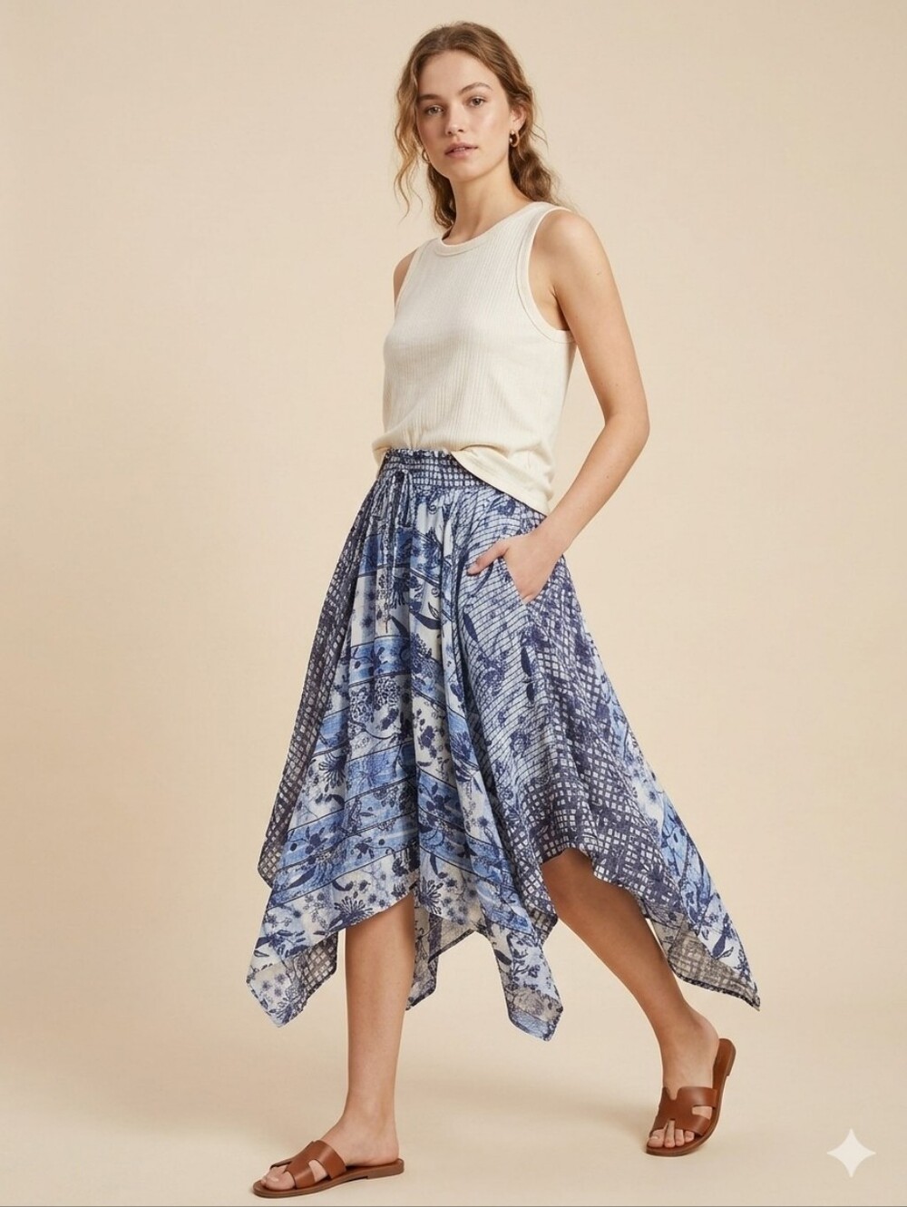 Anthro Pilcro Blue Floral Patchwork Handkerchief Hem Linen Midi Skirt S